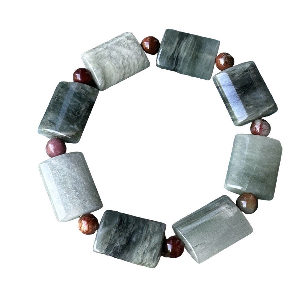Asian Artisan Beaded Bracelet 7.5 Inch‎ Nephrite Jade Agate Green Red White